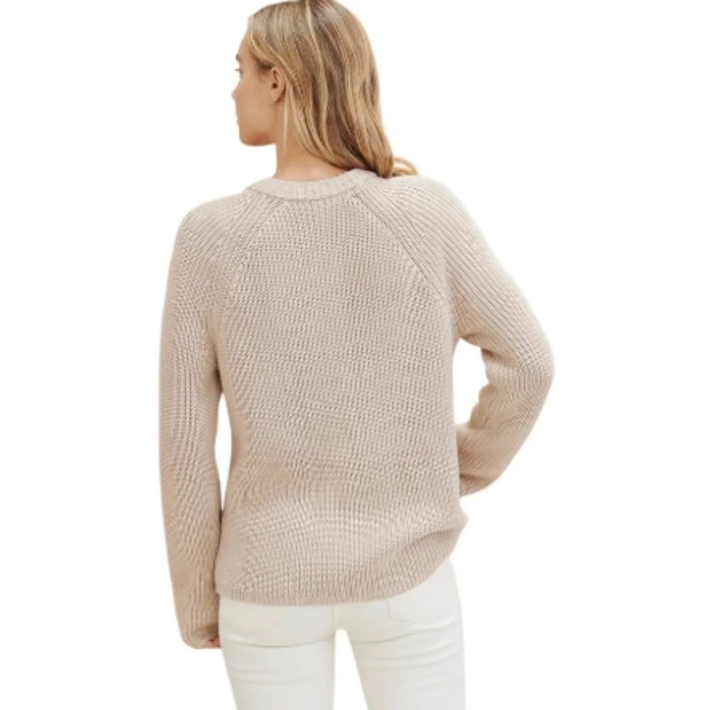 JENNI KAYNE Cotton Fisherman Sweater Oatmeal Beige Tan Knit Grandpa Grandma Med. - Picture 2 of 6